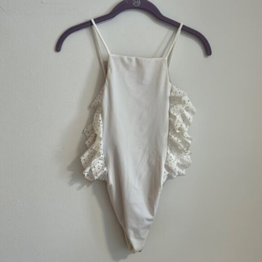 NWT Lolli Swim Laser Cut Ruffle Cheeky White One Piece Swimsuit Size M